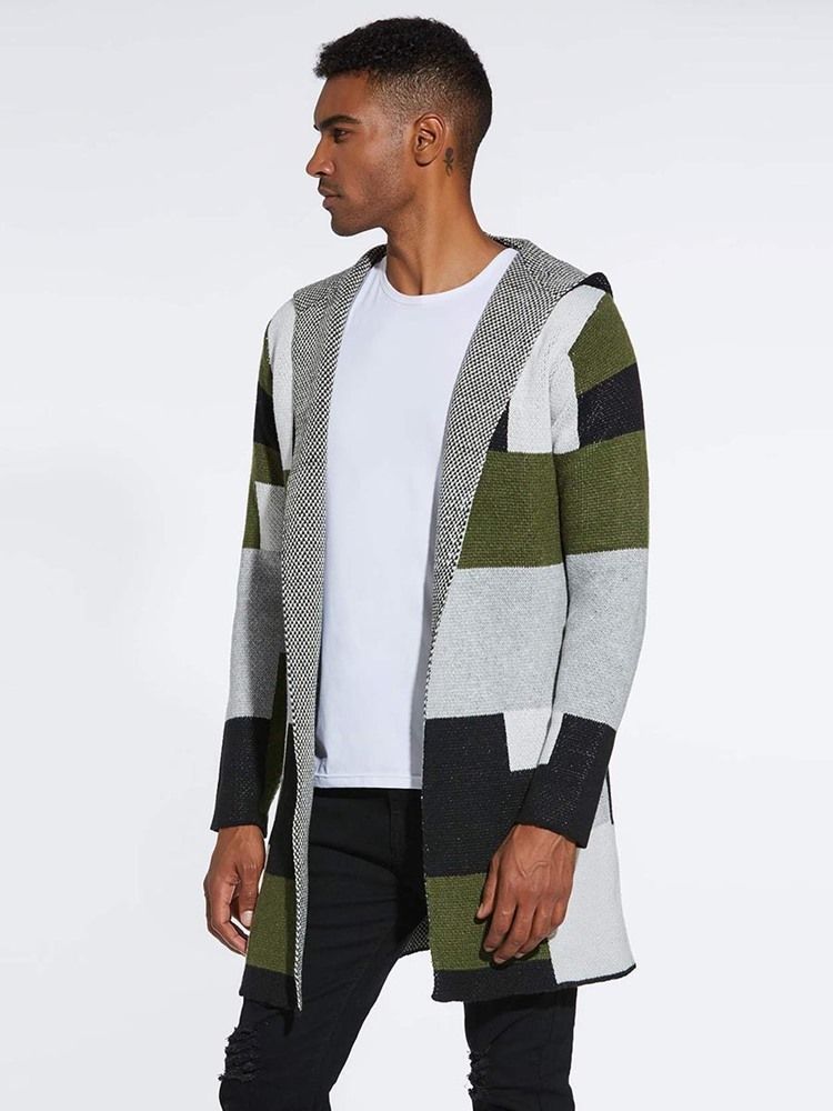 Suéteres De Lã De Inverno Masculinos Com Capuz E Comprimento Médio Em Patchwork