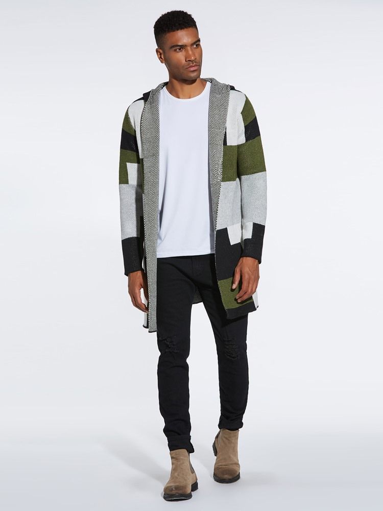 Suéteres De Lã De Inverno Masculinos Com Capuz E Comprimento Médio Em Patchwork