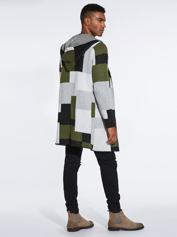Suéteres De Lã De Inverno Masculinos Com Capuz E Comprimento Médio Em Patchwork