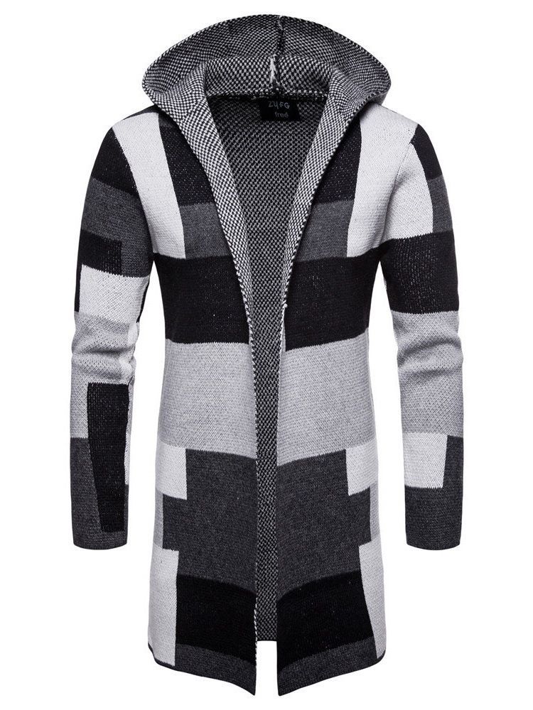 Suéteres De Lã De Inverno Masculinos Com Capuz E Comprimento Médio Em Patchwork