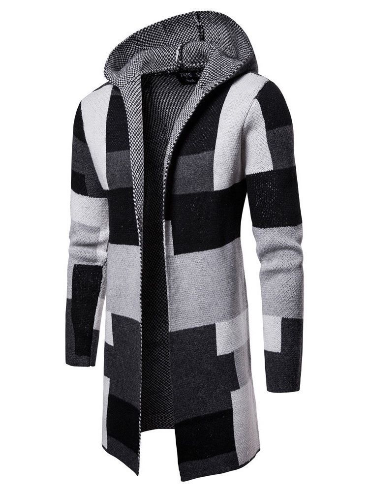 Suéteres De Lã De Inverno Masculinos Com Capuz E Comprimento Médio Em Patchwork