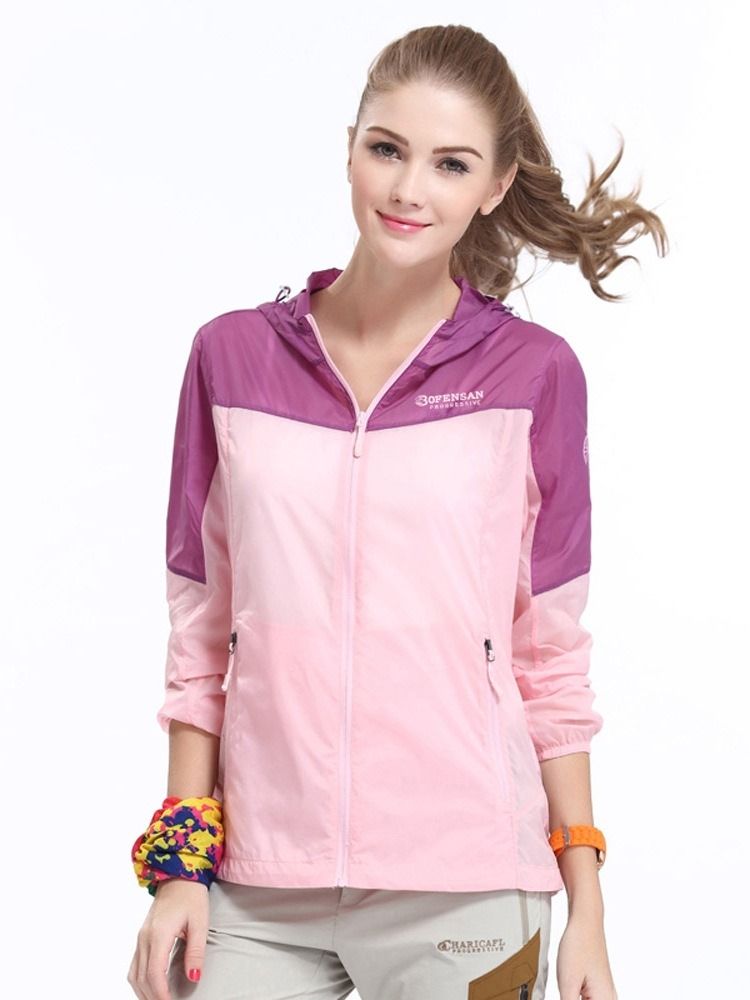Bloco De Cores Patchwork Feminino À Prova De Vento Em Nylon Com Mangas Compridas Blusas Padrão