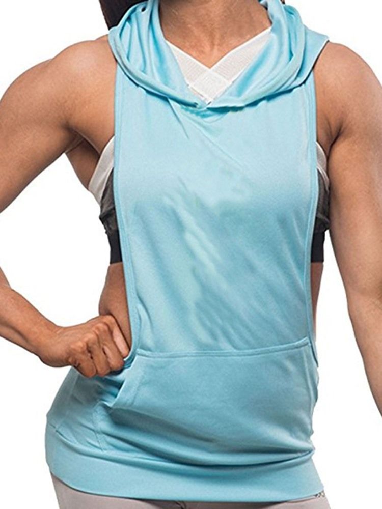 Camiseta Feminina De Algodão Com Capuz Maciço Pulôver Sem Mangas