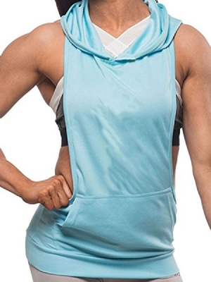 Camiseta Feminina De Algodão Com Capuz Maciço Pulôver Sem Mangas