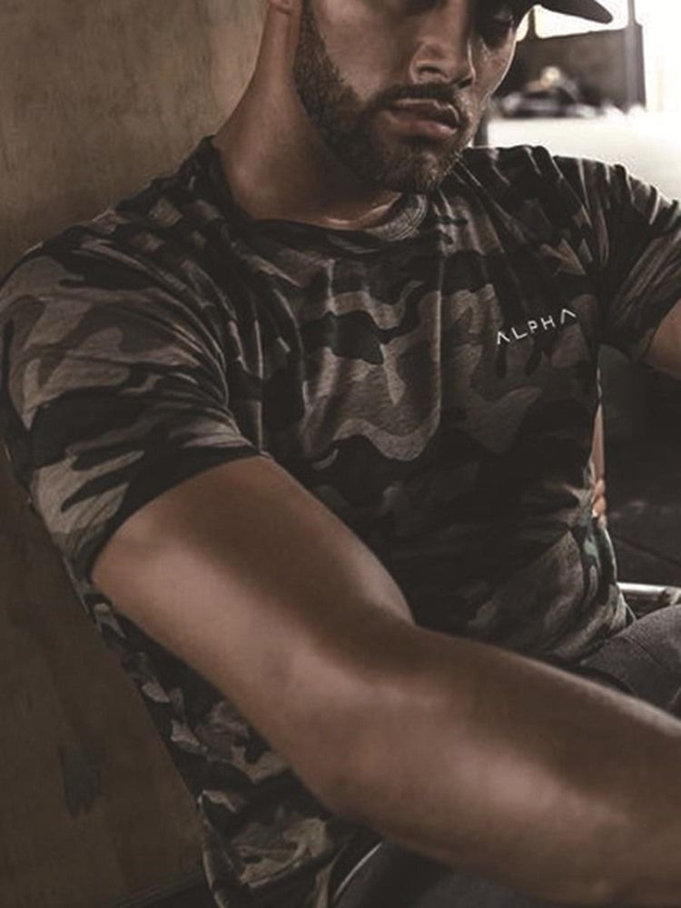Camiseta Masculina Camuflagem Estampada De Ginástica Esportiva
