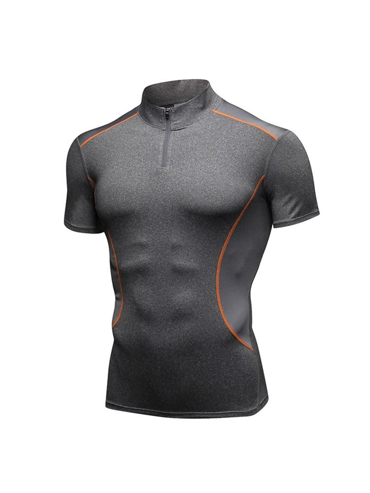 Camiseta Masculina De Cor Bloco Com Zíper Alongada Esportiva De Secagem Rápida