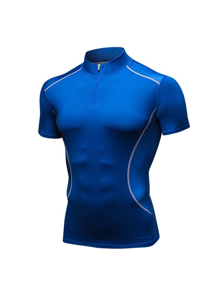 Camiseta Masculina De Cor Bloco Com Zíper Alongada Esportiva De Secagem Rápida