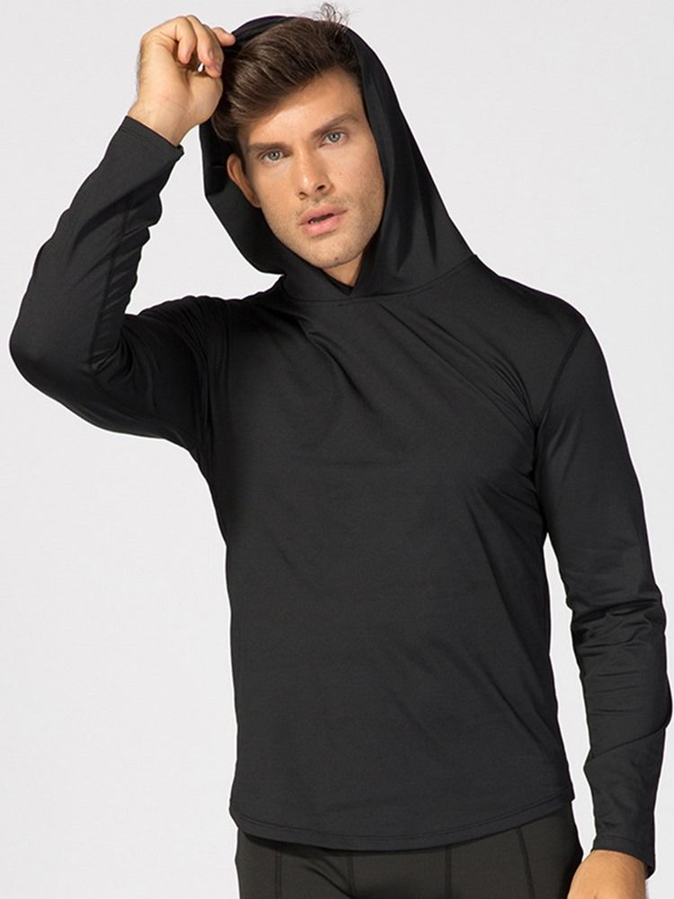 Pulôver De Secagem Rápida Sólida Masculino Mangas Compridas Com Capuz Blusas Esportivas