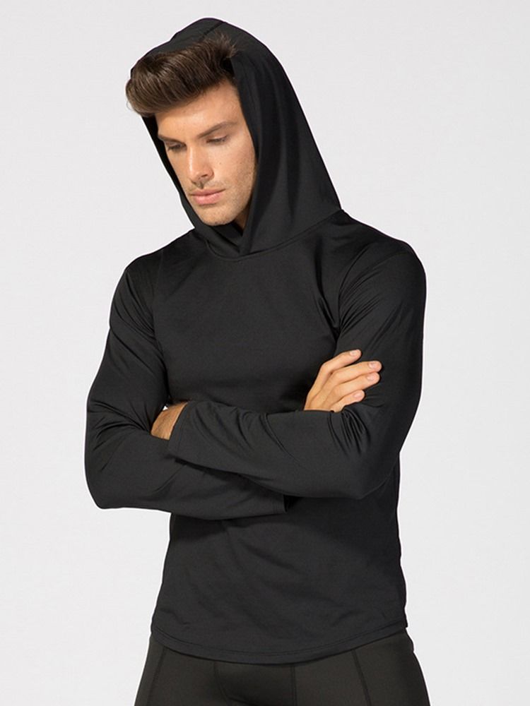 Pulôver De Secagem Rápida Sólida Masculino Mangas Compridas Com Capuz Blusas Esportivas