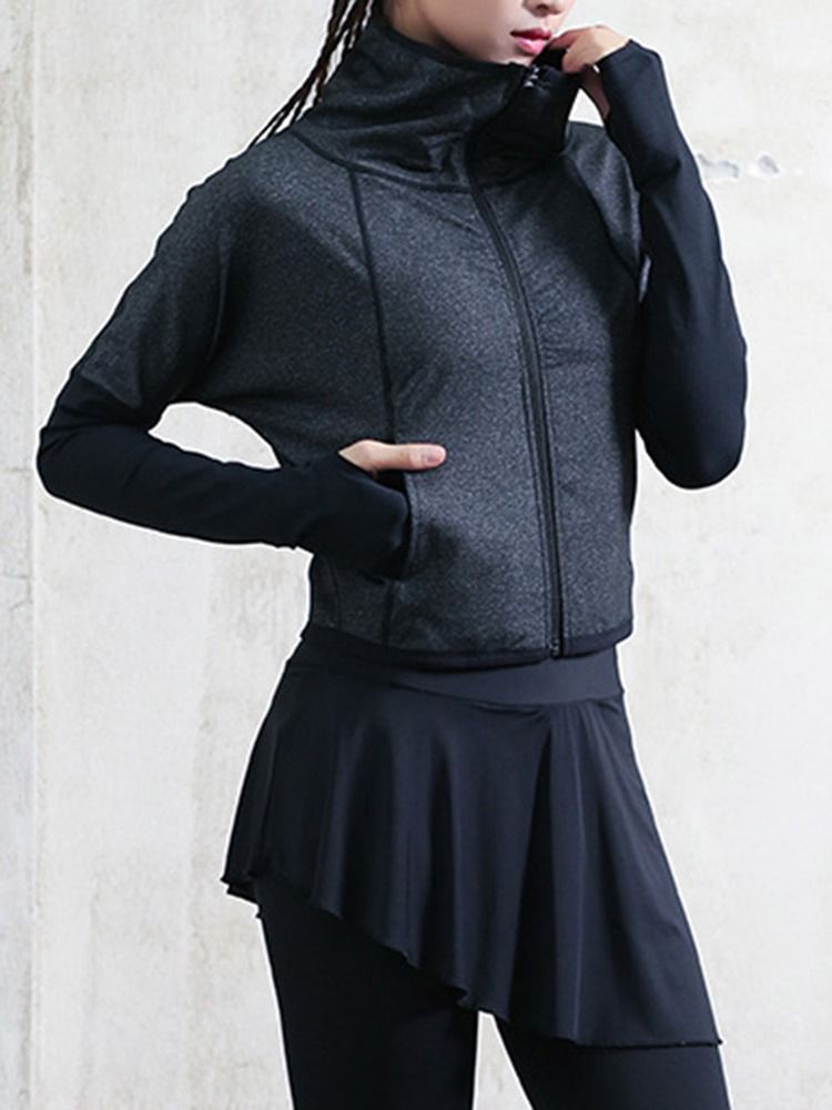 Thumbholes Femininos Tops Esportivos De Manga Comprida Com Zíper Térmico Sólido