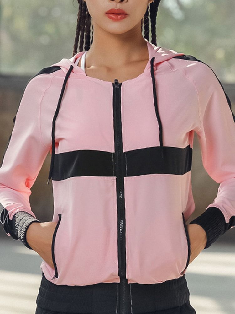 Tops Esportivos Com Zíper Com Bloco De Cor Anti-suor De Patchwork Feminino