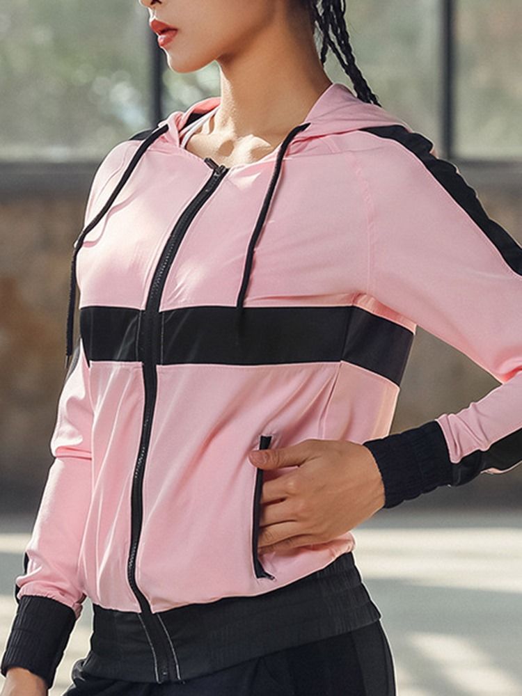 Tops Esportivos Com Zíper Com Bloco De Cor Anti-suor De Patchwork Feminino