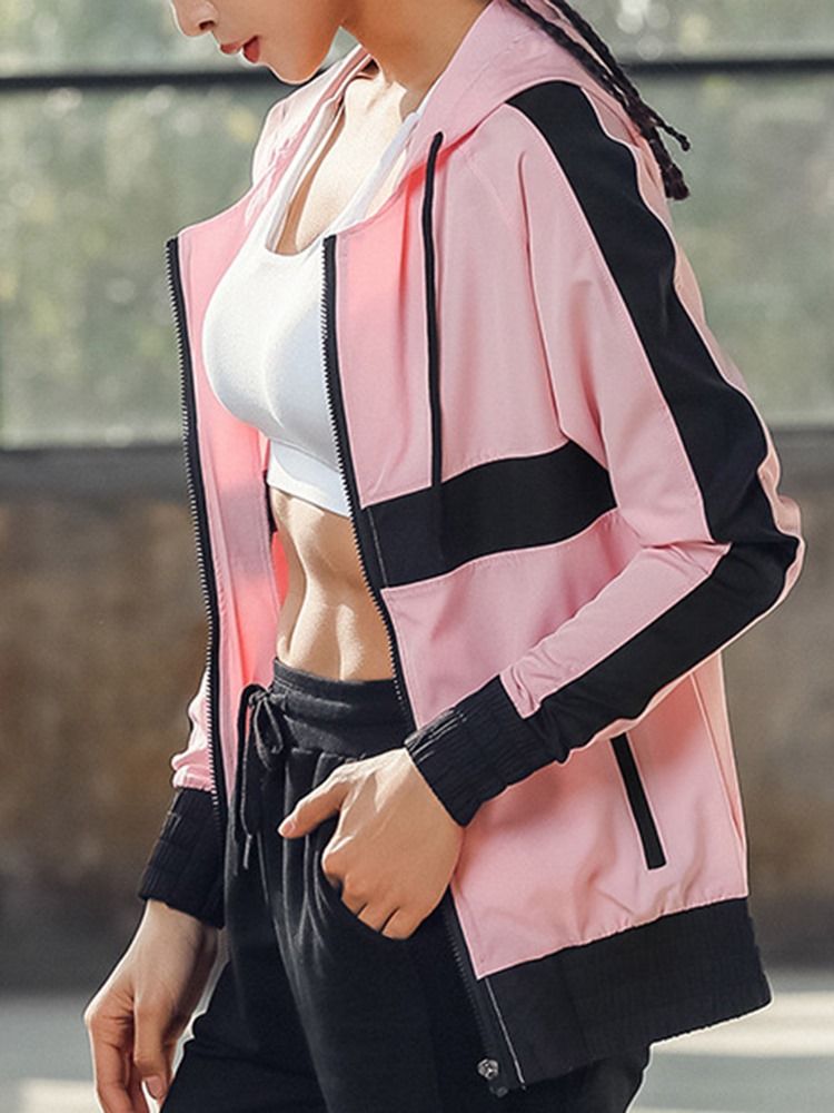Tops Esportivos Com Zíper Com Bloco De Cor Anti-suor De Patchwork Feminino