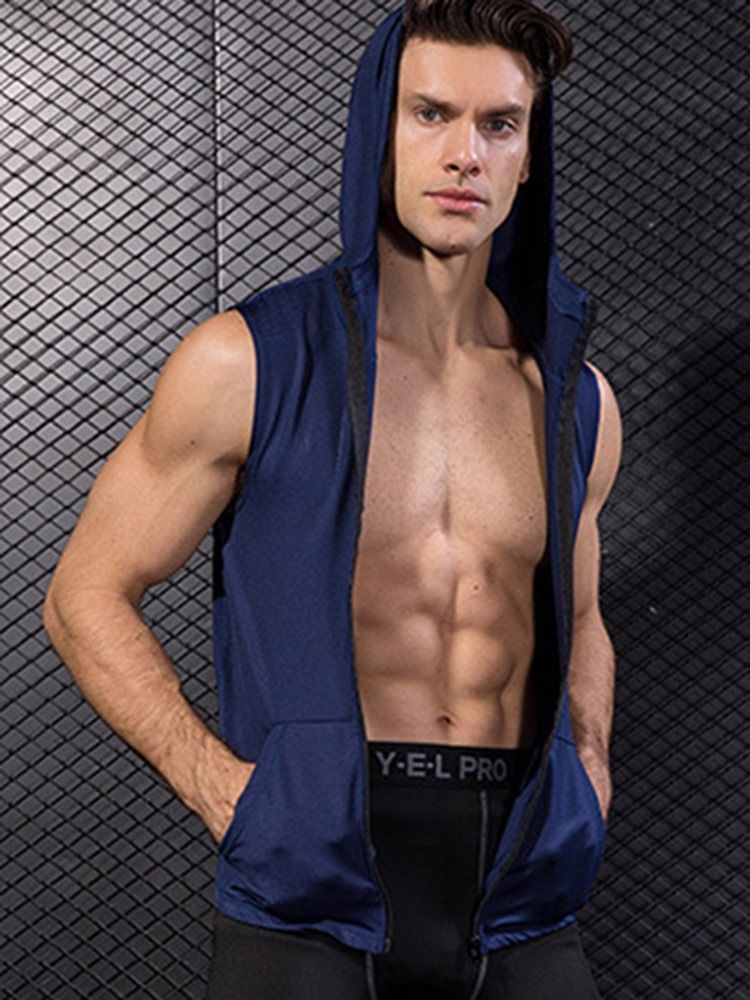 Tops Esportivos Masculinos Com Capuz Sem Mangas E Zíper Maciço