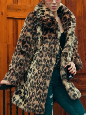 Lapela Comprimento Médio Leopardo Inverno Solto Casaco Feminino Pele Falsa