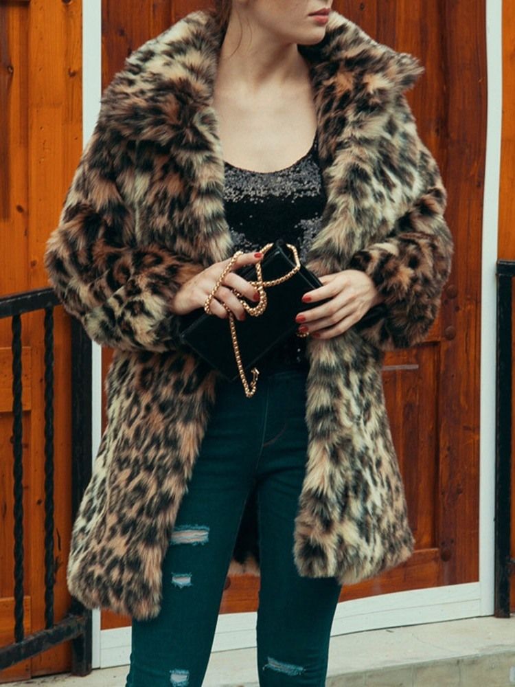 Lapela Comprimento Médio Leopardo Inverno Solto Casaco Feminino Pele Falsa