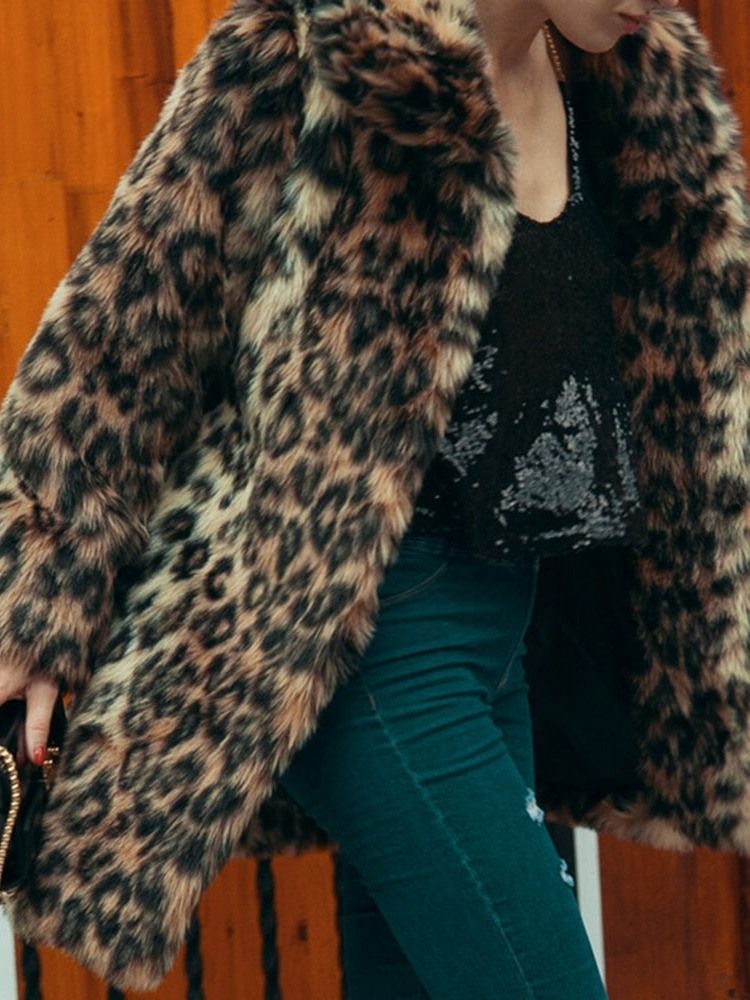 Lapela Comprimento Médio Leopardo Inverno Solto Casaco Feminino Pele Falsa