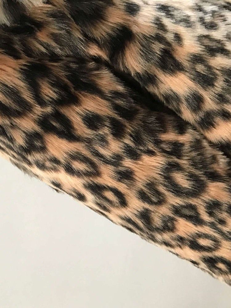 Lapela Comprimento Médio Leopardo Inverno Solto Casaco Feminino Pele Falsa
