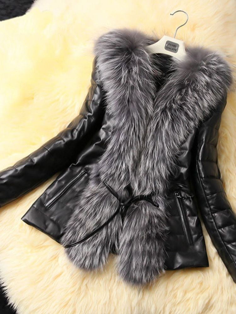 Sobretudo Feminino Liso De Comprimento Médio Fino E Grosso De Pele Artificial De Inverno