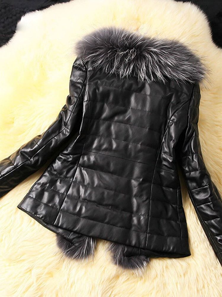 Sobretudo Feminino Liso De Comprimento Médio Fino E Grosso De Pele Artificial De Inverno