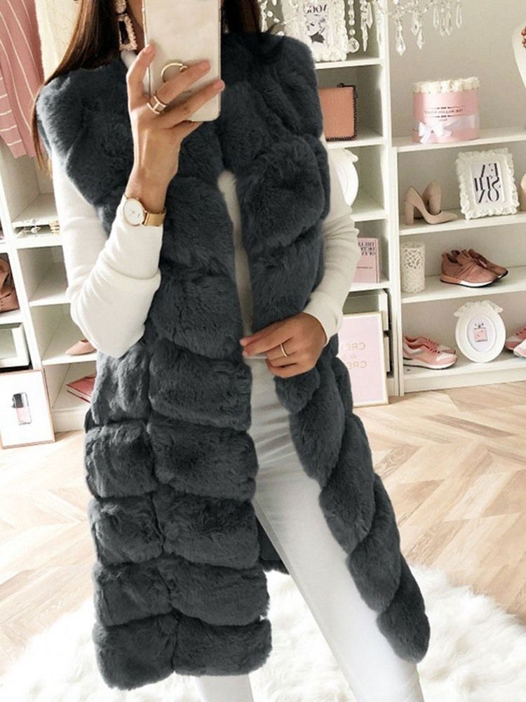 Sobretudo Longo Liso Regular De Inverno Fino De Pele Falsa Feminina