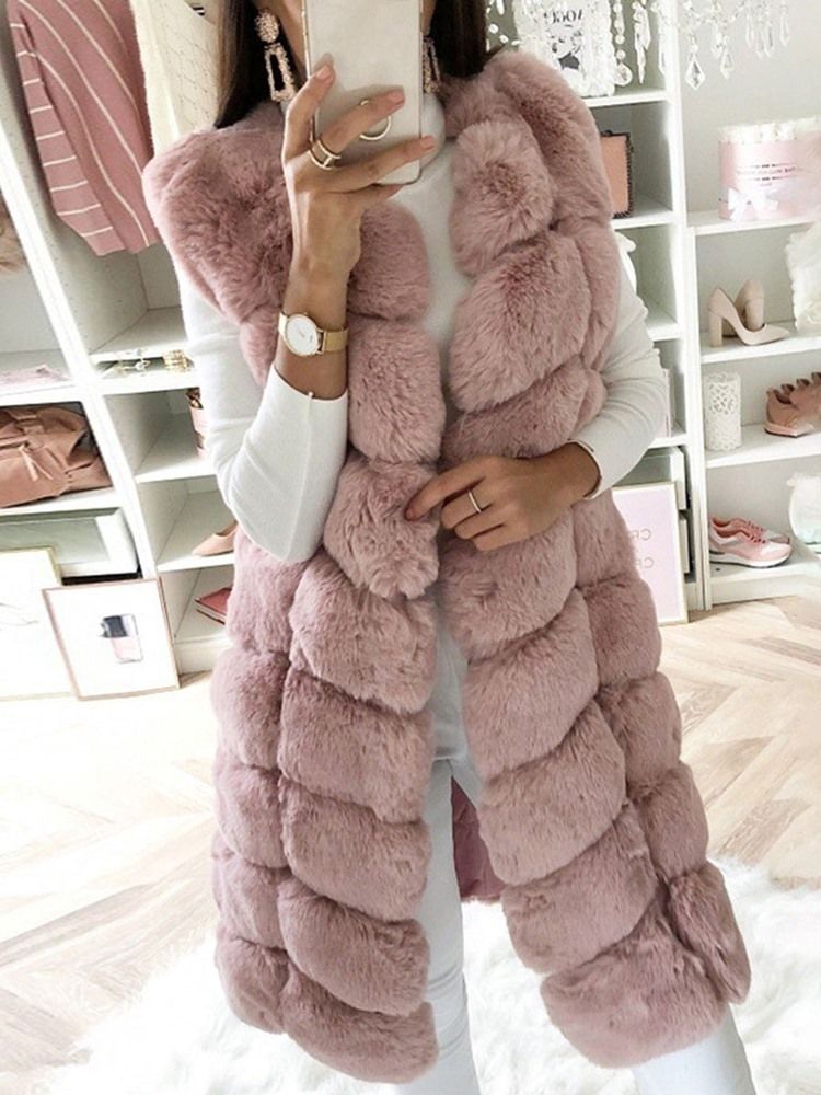 Sobretudo Longo Liso Regular De Inverno Fino De Pele Falsa Feminina