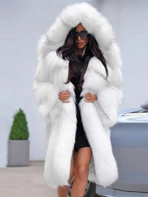 Sobretudo De Pele Falsa De Inverno Com Capuz Longo Solto Feminino