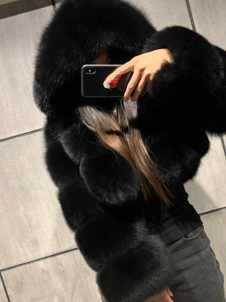 Sobretudo De Pele Falsa De Inverno Feminino Liso Com Capuz Curto