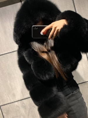 Sobretudo De Pele Falsa De Inverno Feminino Liso Com Capuz Curto