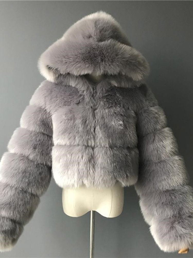 Sobretudo De Pele Falsa De Inverno Feminino Liso Com Capuz Curto