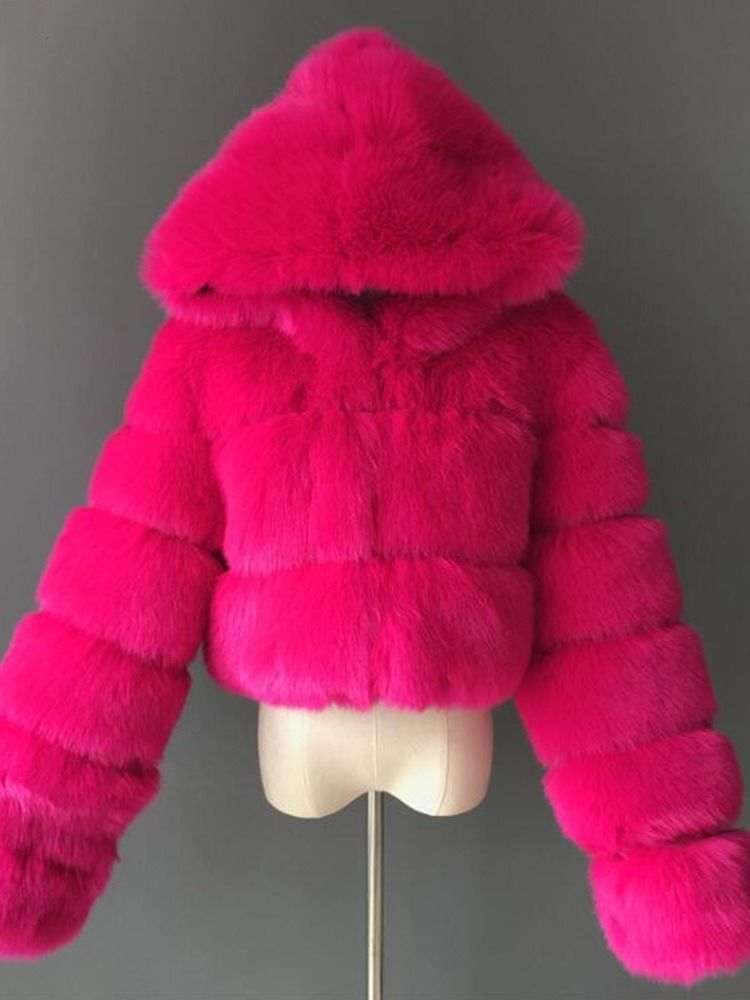 Sobretudo De Pele Falsa De Inverno Feminino Liso Com Capuz Curto