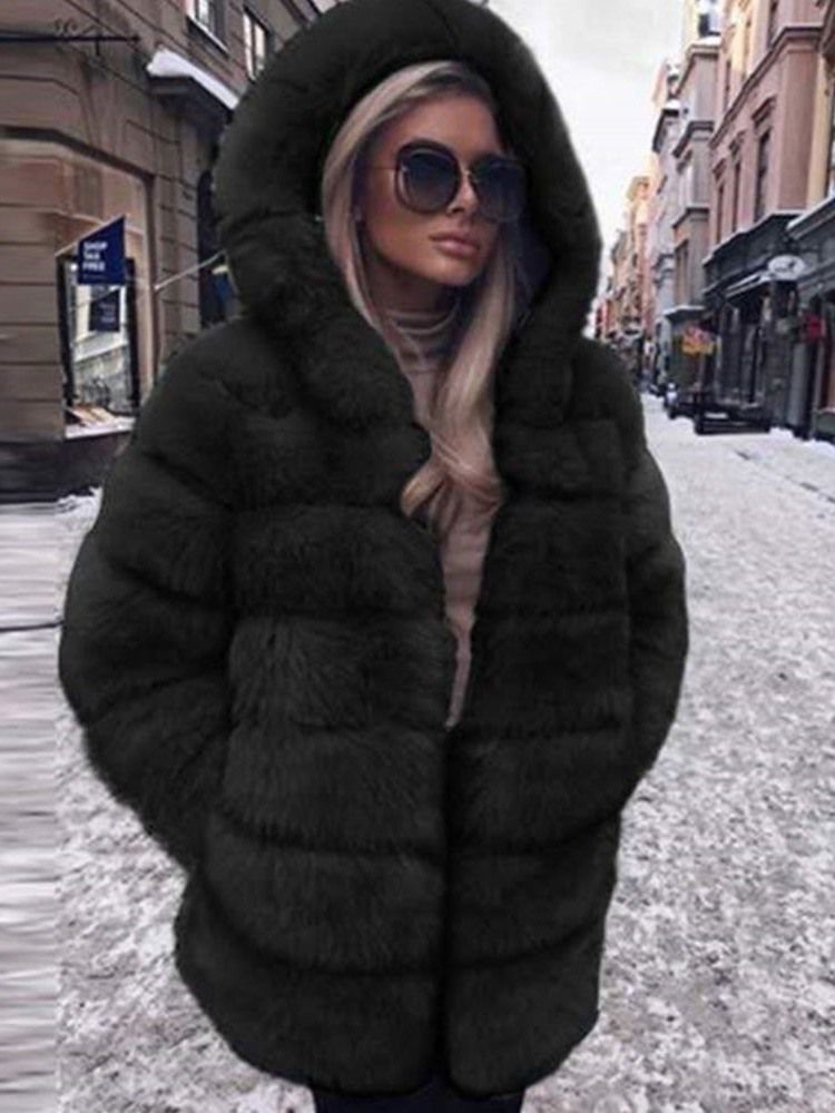 Sobretudo De Pele Falsa De Inverno Feminino Liso Regular Com Capuz Reto