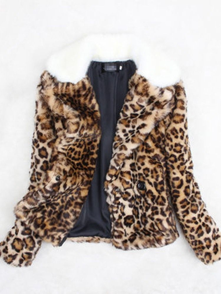 Sobretudo De Pele Falsa Padrão Leopardo Fino Espesso Feminino