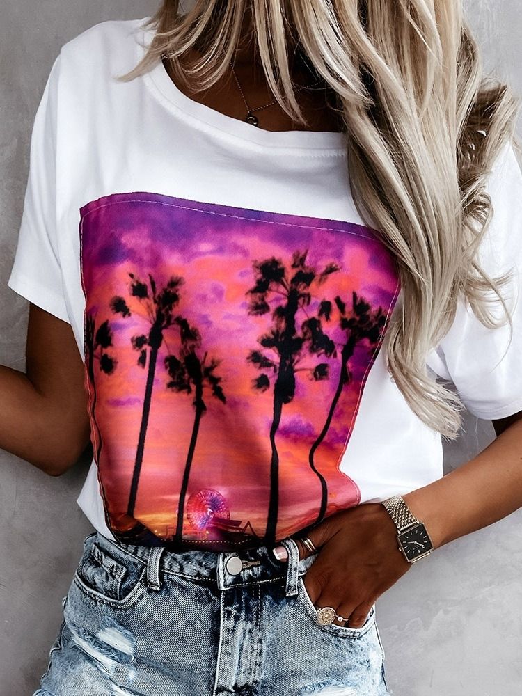 Bloco De Cores Camiseta Feminina Ocidental Padrão Decote Redondo Solto