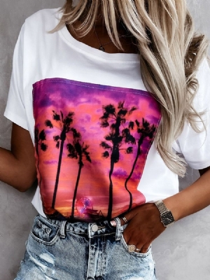 Bloco De Cores Camiseta Feminina Ocidental Padrão Decote Redondo Solto