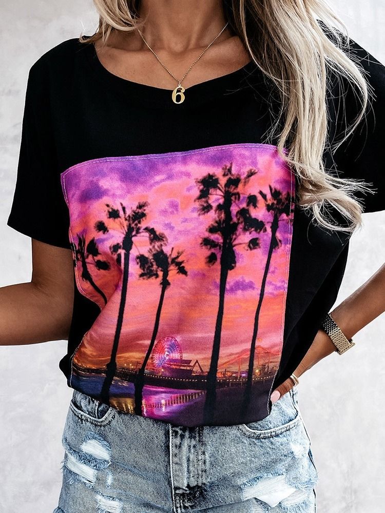 Bloco De Cores Camiseta Feminina Ocidental Padrão Decote Redondo Solto