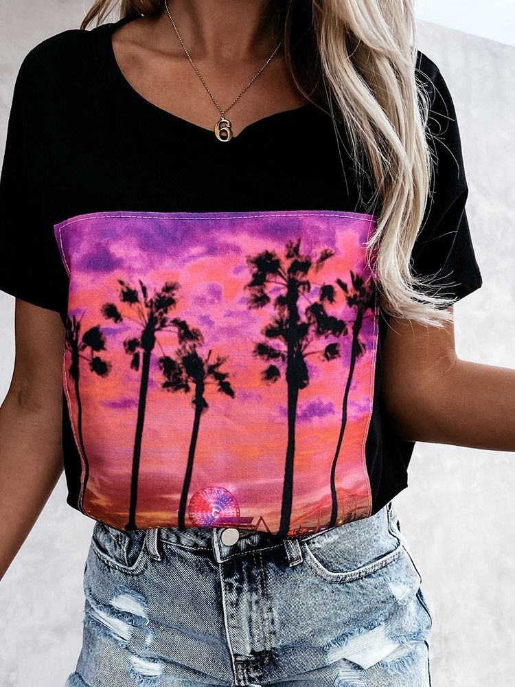 Bloco De Cores Camiseta Feminina Ocidental Padrão Decote Redondo Solto