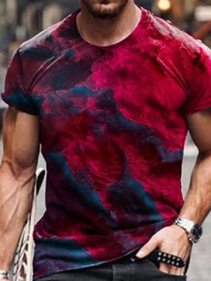 Bloco De Cores Em Torno Do Pescoço Estampa Pulôver Camiseta Masculina De Manga Curta