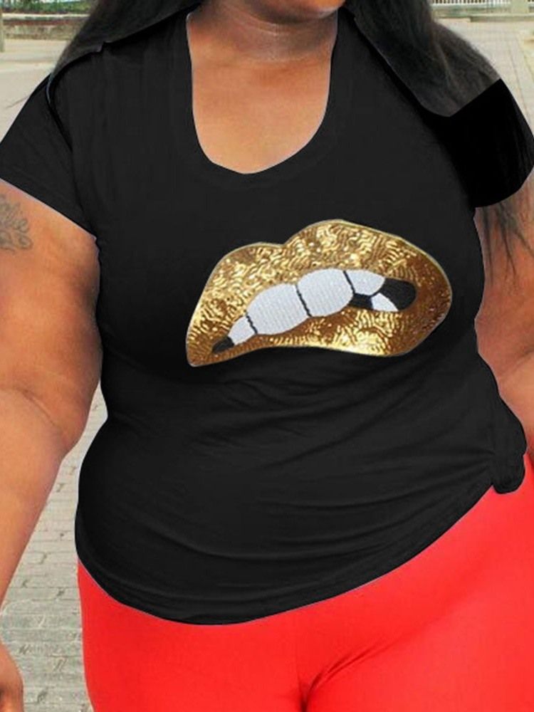 Bloco De Cores Gola Redonda Manga Curta Camiseta Feminina Slim