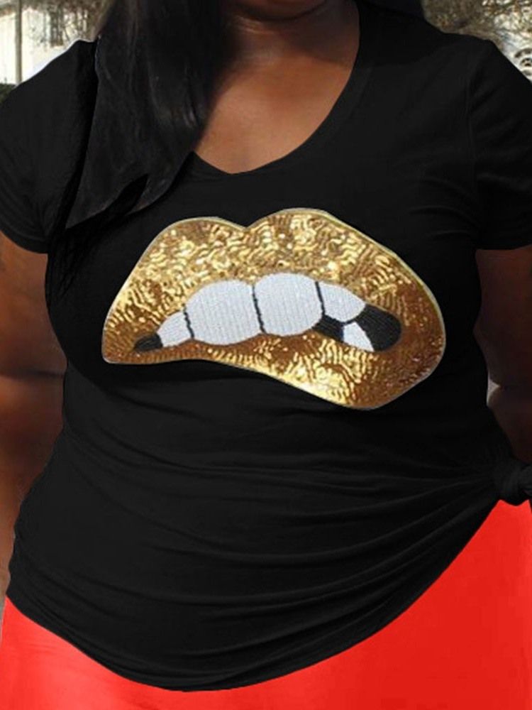 Bloco De Cores Gola Redonda Manga Curta Camiseta Feminina Slim