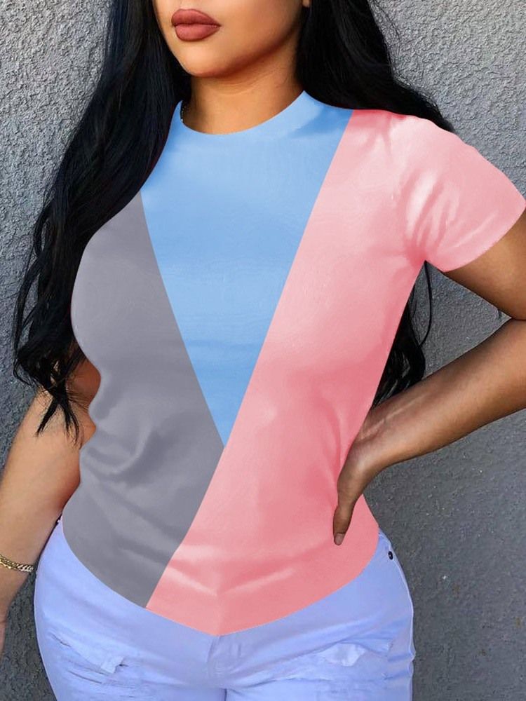 Camiseta Casual Feminina De Gola Redonda Geométrica De Manga Curta