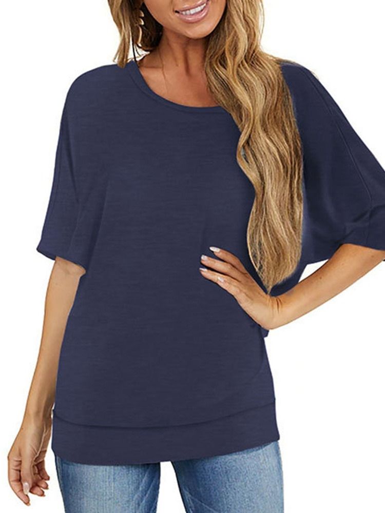 Camiseta Casual Feminina De Meia Manga Comprimento Médio Decote Redondo
