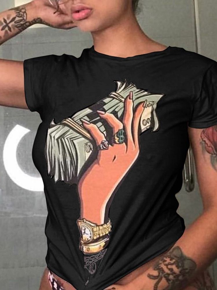 Camiseta Casual Feminina Padrão De Manga Curta Em Volta Do Pescoço
