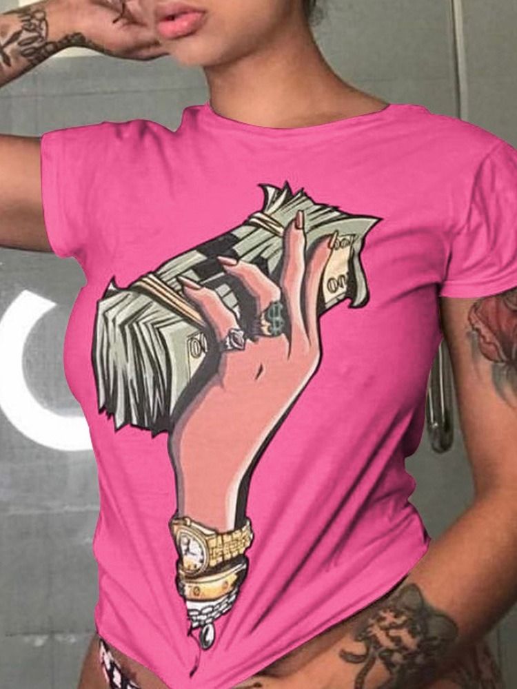 Camiseta Casual Feminina Padrão De Manga Curta Em Volta Do Pescoço