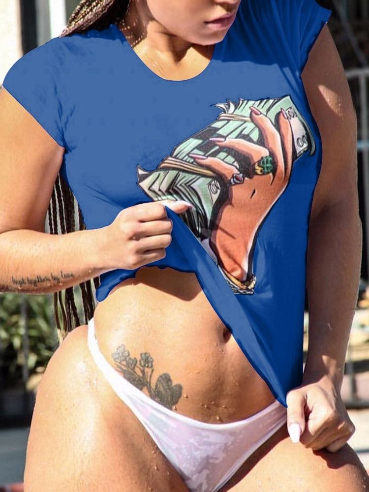 Camiseta Casual Feminina Padrão De Manga Curta Em Volta Do Pescoço