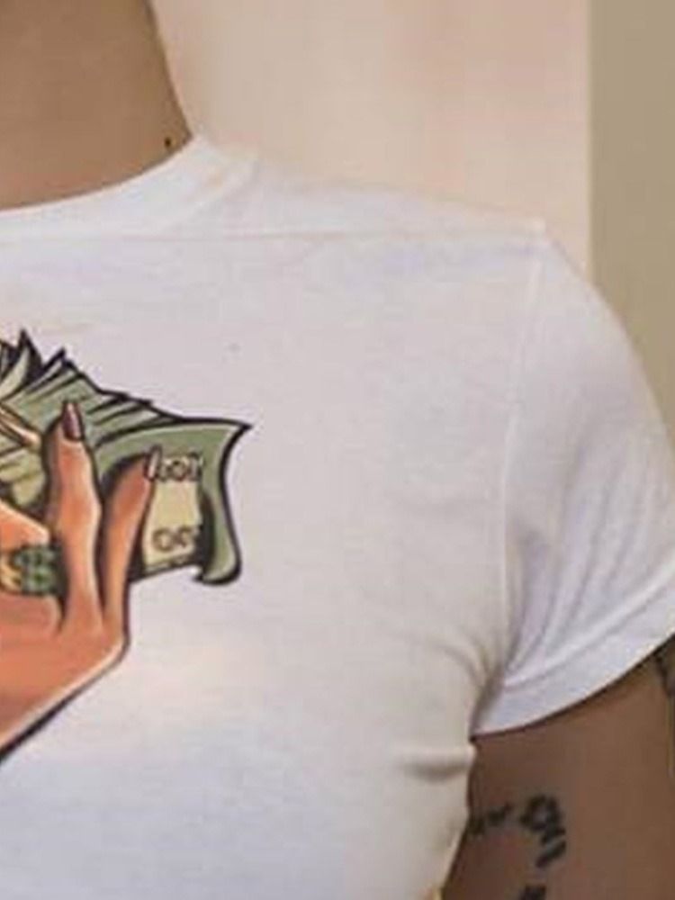 Camiseta Casual Feminina Padrão De Manga Curta Em Volta Do Pescoço