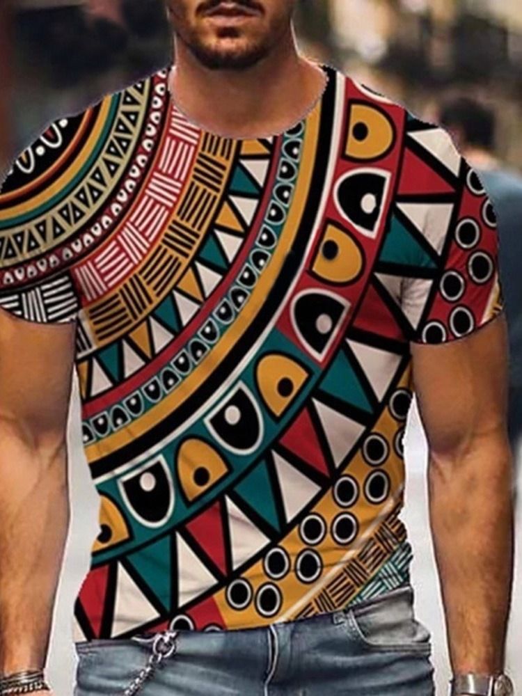 Camiseta Casual Geométrica Gola Redonda Masculina De Manga Curta