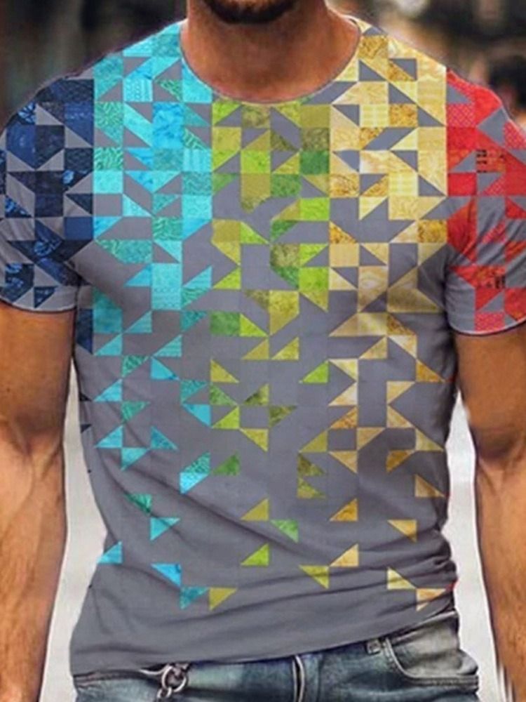 Camiseta Casual Geométrica Gola Redonda Masculina De Manga Curta