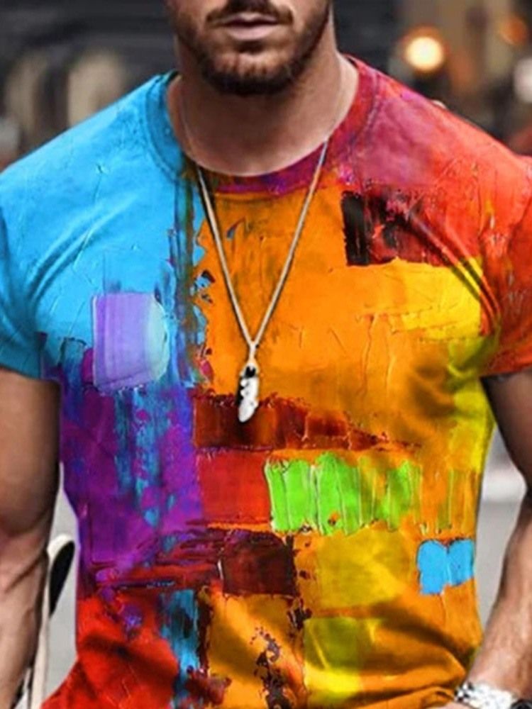 Camiseta Casual Masculina Estampada Em Torno Do Pescoço De Manga Curta Pulôver