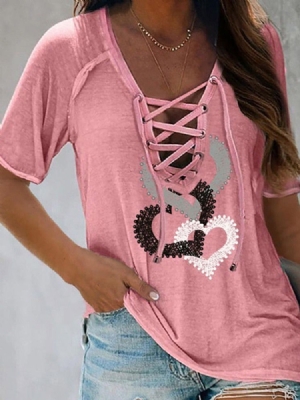Camiseta Feminina Com Decote Em V Em Formato De Coração Manga Curta Solta